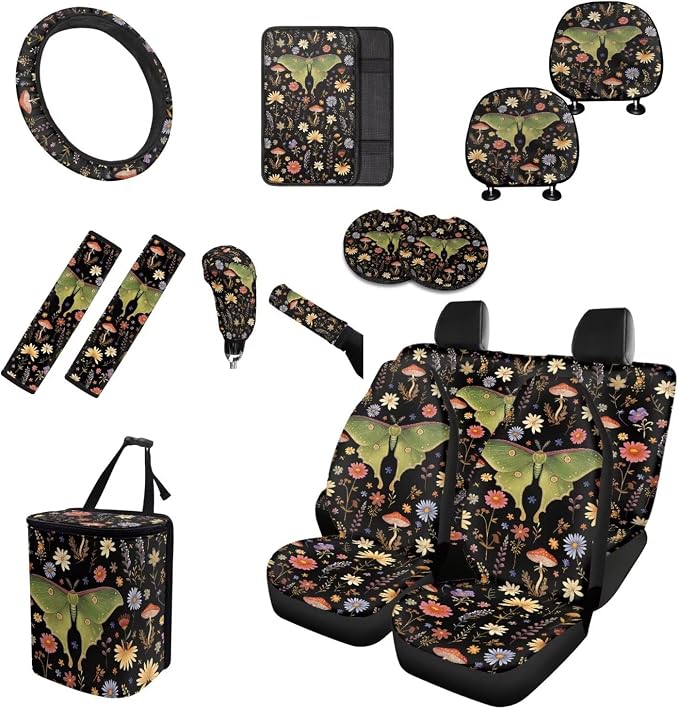 Moth Floral Car Seat Covers Full Set 15 Pcs Universal Car Accessories Steering Wheel Cover Seat Belt Pads Garbage Bag Car Headrest Pillow Covers Armrest Pad