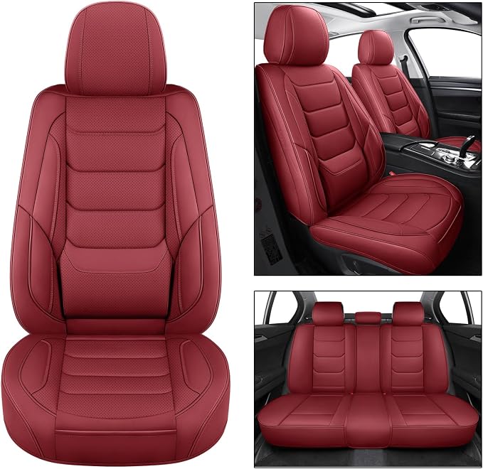 Leather Car Seat Covers Full Set Breathable Automotive Seat Covers Waterproof Seat Protectors Universal Fit for Most Automotive Cars SUV Trucks (Red, Full Set)