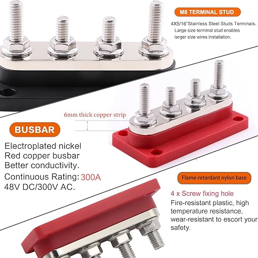 Busbar Copper 300A 12V-48V DC, 4 x 5/16” Posts Battery Terminals Bus Bar, Red Positive Power Distribution Block with Cover for Car RV Solar Truck Marine