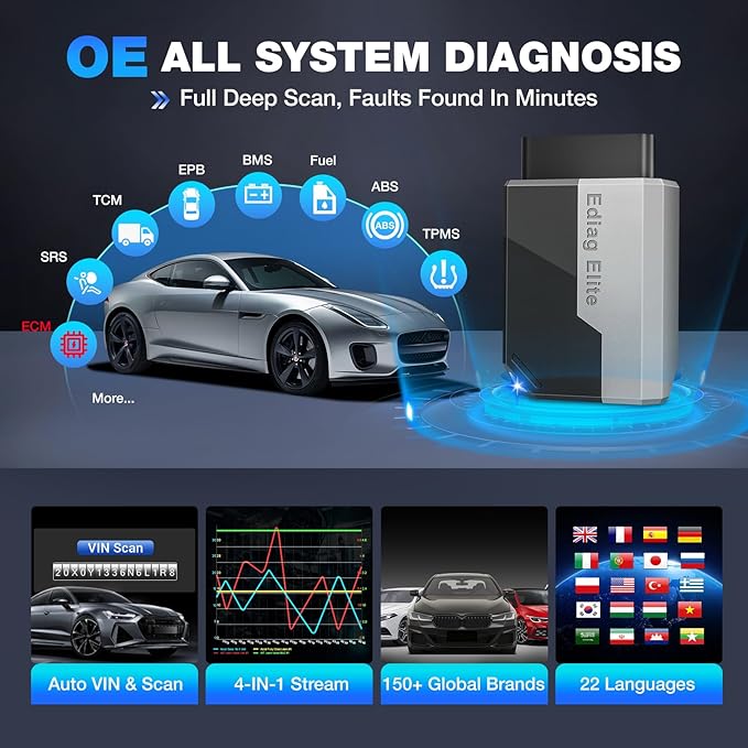 Ediag Elite KINGBOLEN Bluetooth OBD2 Scanner, Lifetime NO Cost Update Bidirectional Scan Tool for iOS & Android, Wireless Full System Car Diagnostic Scanner, 15+ Reset Service, CANFD, FCA AutoAuth