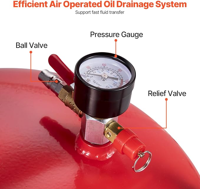 VEVOR 20-Gallon Waste Oil Drain Tank, Air Operated Portable Oil Drainer with Adjustable Funnel Height, Fluid Fuel Transfer Drainage with Wheels, Oil Change Container for Auto Repair Shops, Garages | Air Operated, Portable Oil Drainer, Adjustable Funnel...