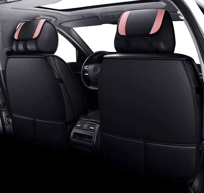 Aierxuan Girly Car Seat Covers for Women Gilrs Front Seat Leather Waterproof Universal Fit for Jeep Ford Edge Hyundai Azera Kona Rav4 Corolla Camry Prius Acura (2 PCS Front, Black-Pink)