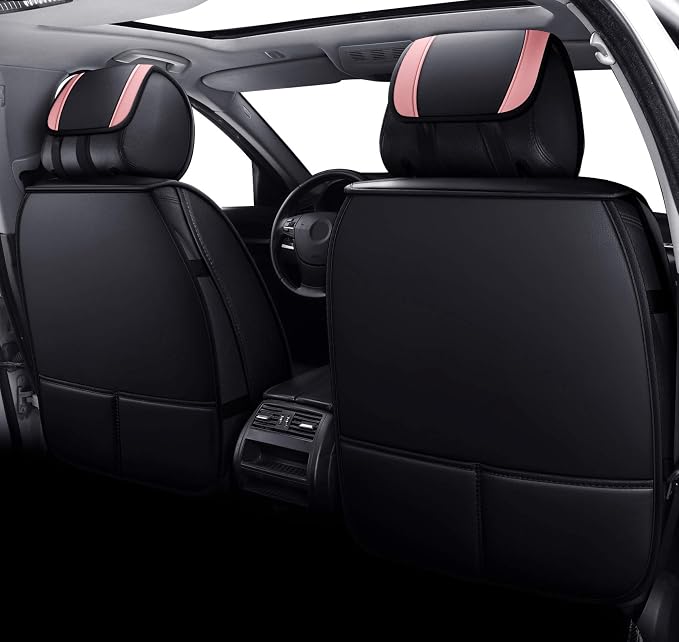 Aierxuan Car Seat Covers for Girls Women Waterproof Girly Seat Cushion Universal for CRV Acura Hyundai Altima Corolla Jeep Wrangler Focus Edge Escape Raider (Full Set, Black-Pink)