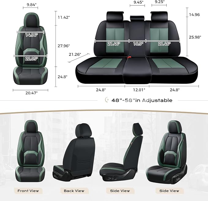 Coverado Car Seat Covers Full Set, Green Car Seat Cover, Car Leather Seat Protector with Lumbar Support, Waterproof Car Seat Cushion, Leather Seat Covers Universal Fit Most Cars, (Black&Green)