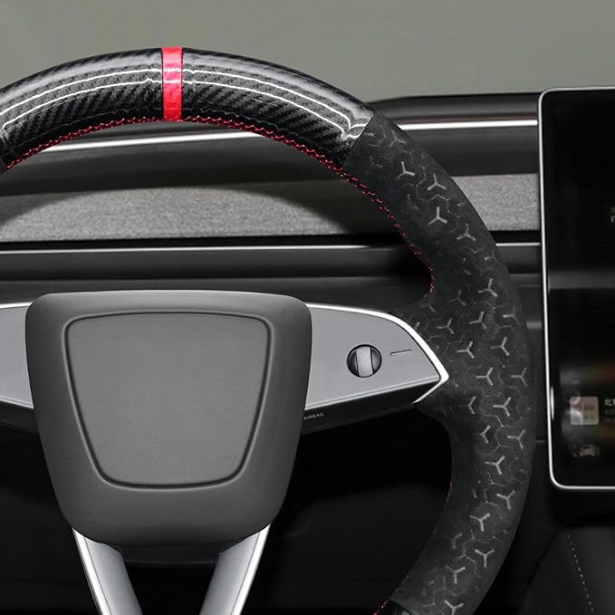 MEWANT DIY Shiny PU Carbon Fiber Geom Embossed Athsuede Steering Wheel Cover for Tesla Model Y Juniper Model 3 Highland