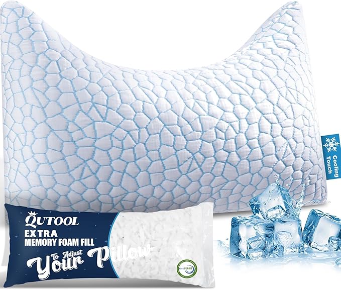 King Cooling Side sleeper pillow for adults, Curved neck support pillow for neck and shoulder pain Relief, Adjustable Shredded Memory Foam Bed Pillow 1 Pack with Additional Foam Fill Included (White)