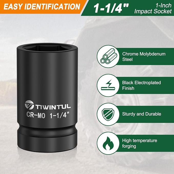 1-1/4” Impact Socket 1" Drive for Semi-Truck & Heavy Equipment | 6 Point Design, CR-MO, ANSI Certified, Heavy Duty Socket 1 Inch Drive for Mining & Construction, Farm Equipment Maintenance
