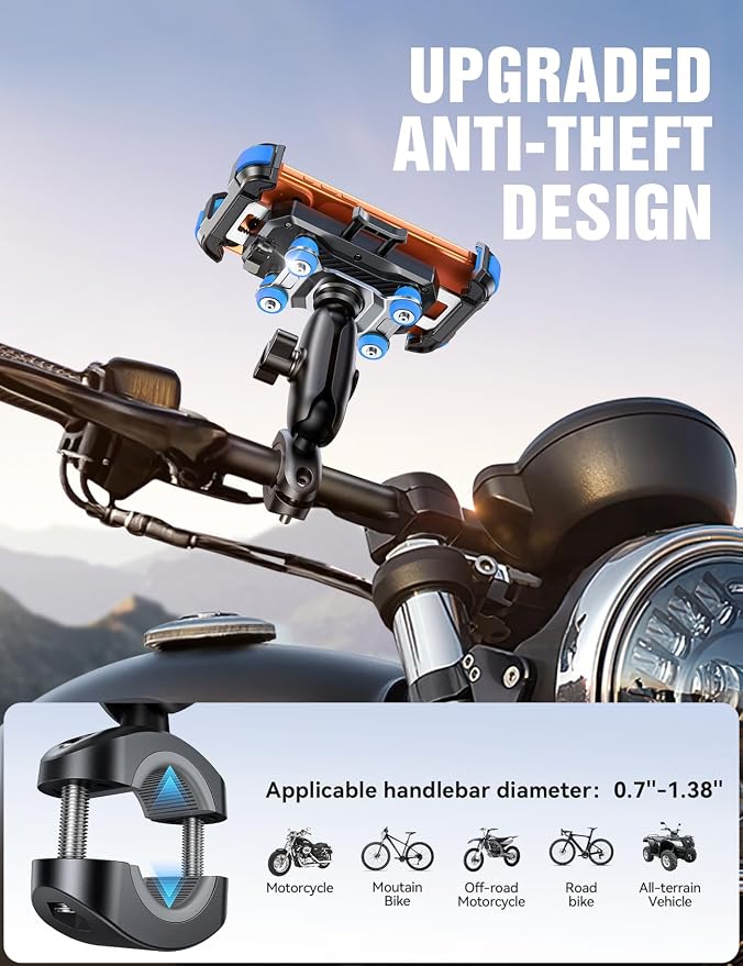 JOYROOM Motorcycle Phone Mount Holder - [Dual Vibration Dampener] 100mph Anti-Shock Phone Holder for Motorcycle [Metal Adjustment Arm] Bicycle Bike Phone Holder Mount for 4.7-7" Cell Phones, Blue