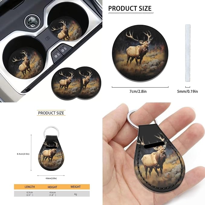 Xoenoiee Elk Wilderness Print 11 Pack Car Seat Cover Front & Rear Seat Cover with Steering Wheel Cover + Seat Belt Cover+ Cup Coasters+ Key Chains Universal Fit