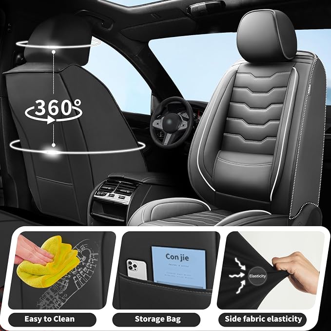 Fit HRV Car Seat Covers Premium Leather for Honda HRV 2018-2025 2026. Waterproof， Anti-Slip, Scratch-Resistant & All-Weather Seat Cushion Protector (Full Set, White Line Black)