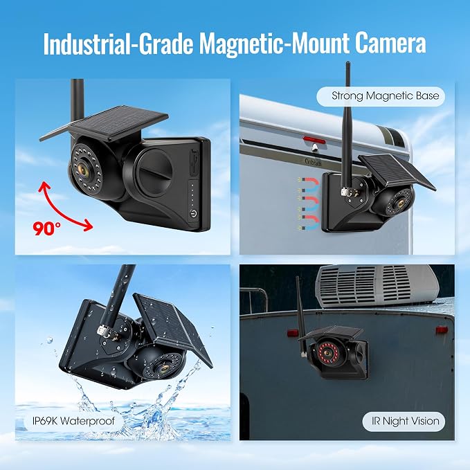 4 Magnetic Solar Wireless Backup Camera System, 7" IPS Touchscreen, 2 Rearview + 2 Sideview Night Vision Cameras for Hitching Trailer Tractor, 4x9600mAh Rechargeable Solar Battery, AH704