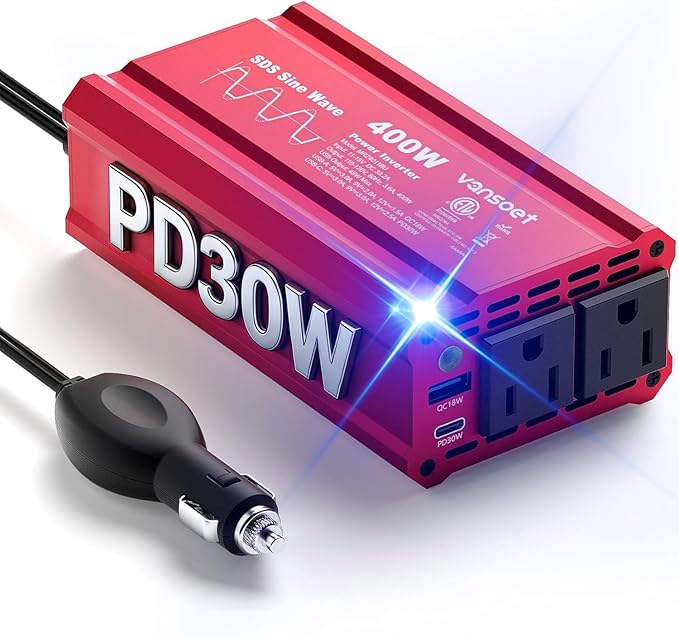 【2026 Upgraded】 400W Peak Clipped Sine Wave Car Power Inverter DC 12V to AC(2 Outlets) 110V Car Charger Plug Adapter Power Converter with PD3.0 & QC18W Dual USB Charging Ports (Red) (Red)