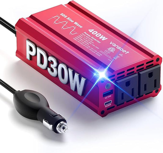 【2026 Upgraded】 400W Peak Clipped Sine Wave Car Power Inverter DC 12V to AC(2 Outlets) 110V Car Charger Plug Adapter Power Converter with PD3.0 & QC18W Dual USB Charging Ports (Red) (Red)