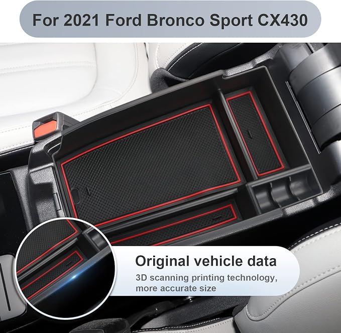 SKTU for 2021 2022 2023 2024 2025 Ford Bronco Sport Center Console Organizer for 2023 2024 2025 Ford Bronco Sport Accessories Insert ABS Black Materials Tray Armrest Secondary Storage Box (Red)