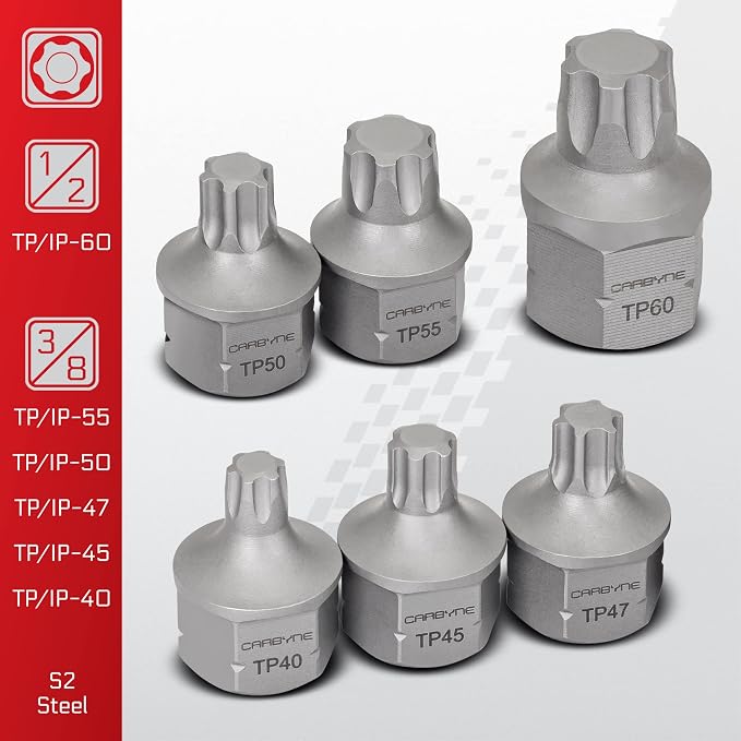 CARBYNE 12-Piece Torx Plus Stubby Low Profile Bit Socket Set, TP10/IP10 to TP60/IP60, S2 Steel, Dual Drive Internal Square and External Hex for Tight Spaces, Genuine Licensed Torx Plus