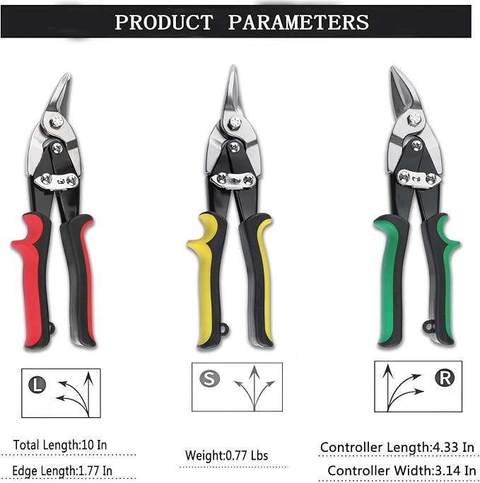 3-Piece Aviation Tin Snips Set, 10-Inch Sheet Metal Cutting Snips, Straight Left Right Cut Cr-V Steel Aviation Shears with Serrated Blades, Safety Lock and Ergonomic Rubber Grip