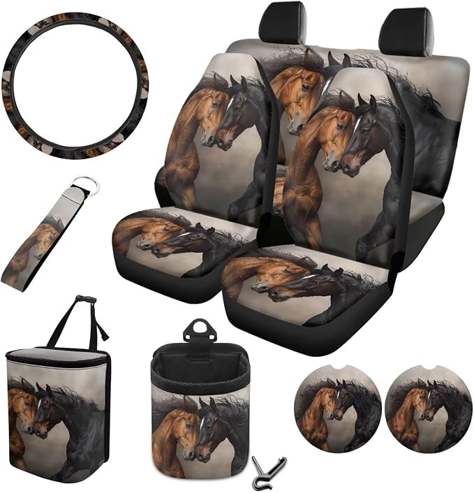 Horse Pattern Print Auto Accessories Set of 10, Car Font and Back Seat Covers Full Set Steering Wheel Cover Cup Coasters Keychain Car Trash Can Air Vent Storage Pounch for Women Men
