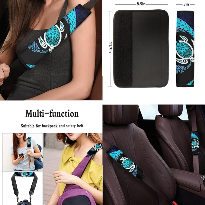 Hawaii Sea Turtle Print 13 PCS Car Seat Covers Full Set Tribal Turtle Arrow Swirl Zigzag Car Front Back Seat Cover Steering Wheel Cover Fit Auto SUV Trucks, Turquoise