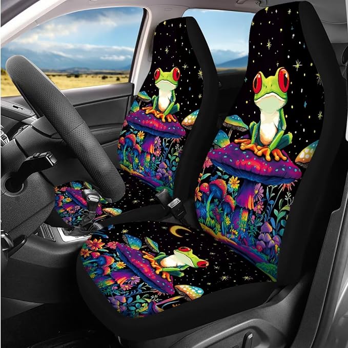 Bulopur Mushroom Frog Vehicle Seat Covers Front and Rear with 15 Inch Steering Wheel Cover Breathable Center Console Cushion Car Seat Headrest Covers Seat Belt Pads Vehicle Interior Decor Set