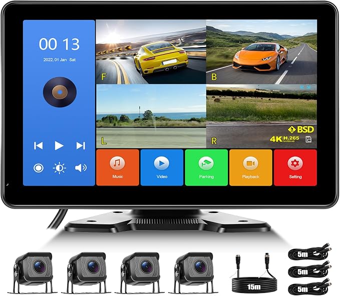 4 Channel Backup Camera System,10.1 Inch IPS Reversing Monitor with Rear Side View 4 AHD Camera 1080P IR Night Vision DVR Recording Backup Heavy Duty Camera for Trucks/Bus/Trailer/RV