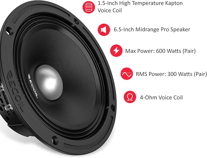 RECOIL MS65-4P 6.5-Inch Midrange Pro Audio Car Speakers, 600 Watts Max Pair 4Ohm, 1.5-Inch High Temperature Kapton Voice Coil, Premium Quality Audio Door Speakers