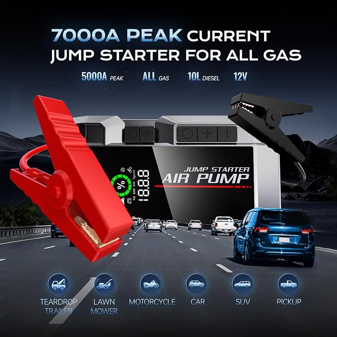 7000A Car Jump Starter with Air Compressor, 35000mAh Portable Car Battery Charger, Jump Starter Battery Pack (All Gas/10.0L Diesel), 150PSI Tire Inflator, 70 Starts 12V Auto Battery Booster