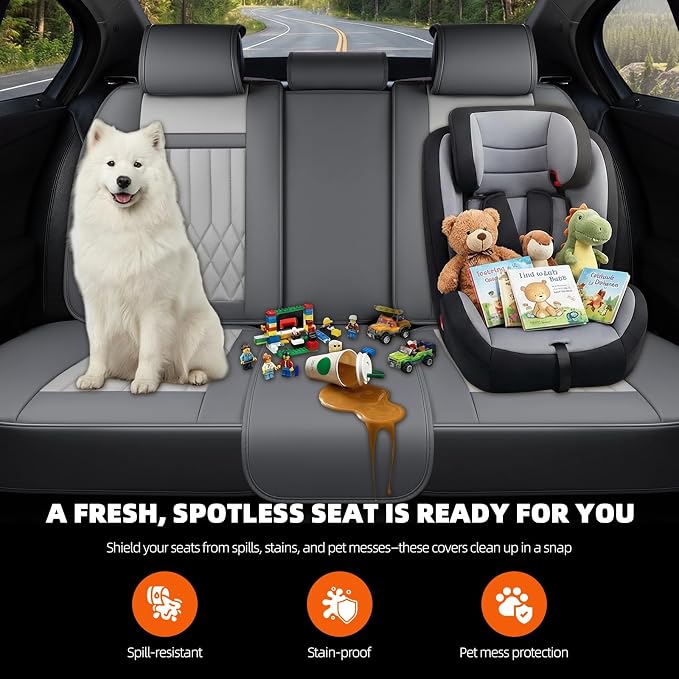 Universal 5-Seater Waterproof Breathable Nappa Leather Car Seat Covers Full Set, Compatible with Toyota Corolla Camry, Lexus LS400, Nissan Rogue, Fit Front Rear Seats Most Sedans SUV- Gray