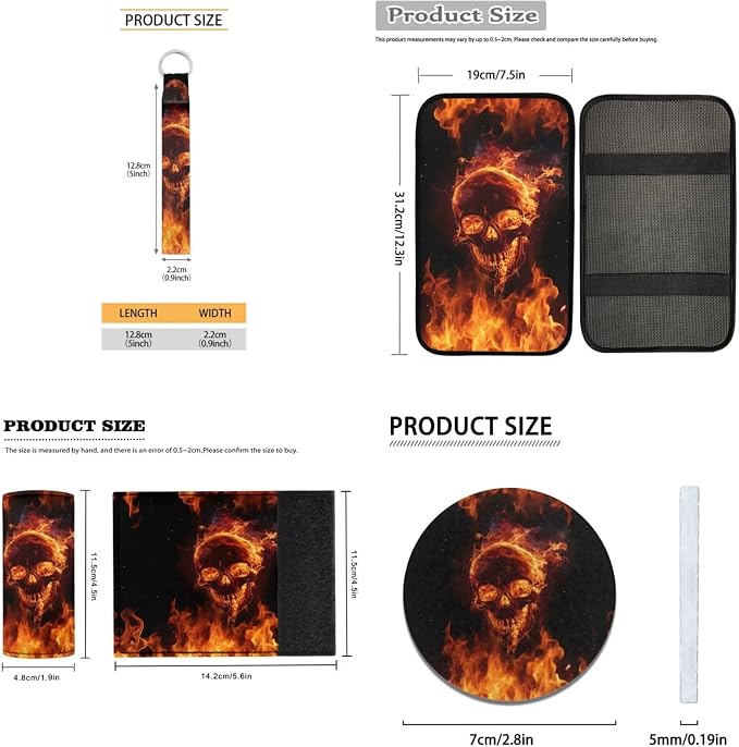 Flaming Skull Car Interior Accessories Set of 18, Car Seat Covers Full Set with Auto Steering Wheel Cover Floor Mats Seat Belt Pads Armrest Pad Handle Wraps Keychains Cup Coasters