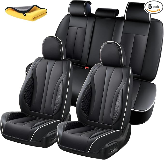 5-Seater Car Seat Covers Full Set, Fit for Front and Rear Seats of Cars, Waterproof and Breathable Nappa Leather, Compatible with Airbags, Car Seat Protector Covers for Most Cars - Black White