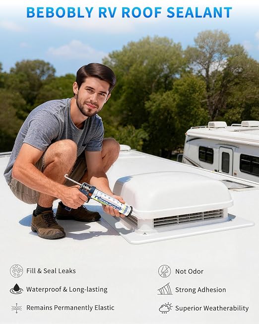 RV Roof Sealant, Self Leveling Lap Sealant White, RV Caulking Waterproof, Flexible & Non-Cracking, Lap Caulking for Camper, Trailer & Motorhome Roof Repair, Secure Odorless (12 Packs)