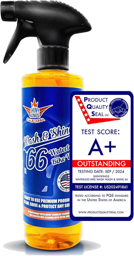 Shinykings Motorcycle Cleaner Wash&Shine 66 | WATERLESS BIke Wash with Ultra Shine Finish | Powerful Motorcycle Detailing Spray for All Surfaces | Bike Cleaner California | 16fl.oz