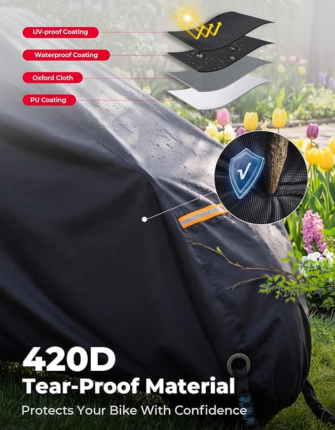KEMIMOTO Bike Cover Outdoor, 420D Heavy Duty for Adult 2 Wheel Cargo Bicycles, Rain Covers for Storage Waterproof with UV & Wind Protection, Folding Extra Large Ebike Tarp for Outdoor Storage