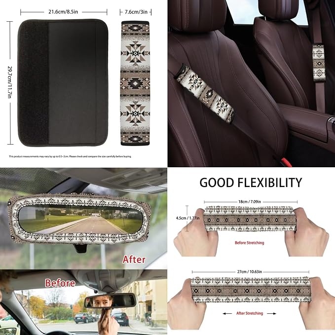Suobstales Aztec American Tribal Geometric Print Car Seat Covers Set with Steering Wheel Cover, Seatbelt Pads, Coasters, Car Garbage Can, Rearview Mirror Cover, Keychains, 13pcs Auto Accessories