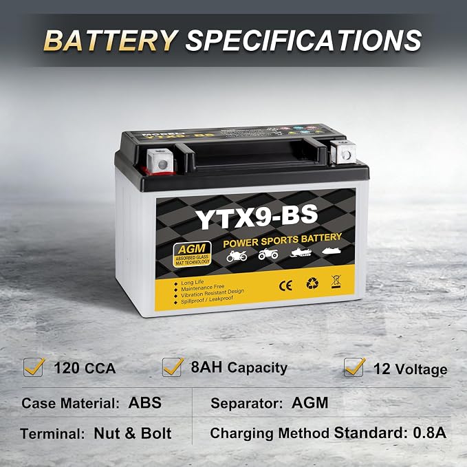YTX9-BS Motorcycle Battery 12V 8Ah, 120 CCA Sealed AGM Rechargeable Maintenance Free Battery, Replacement for ATV, Scooter, Dirt Bike, ETX9, CTX9-BS