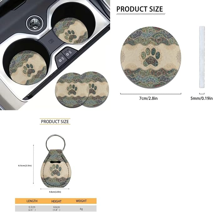 Suobstales Boho Mandala Dog Paw Print Car Accessories for Women Men Car Seat Covers Full Set Interior Cover Seat Protectors with Steering Wheel Cover, Seat Belt Pads, Coaster, Keychains