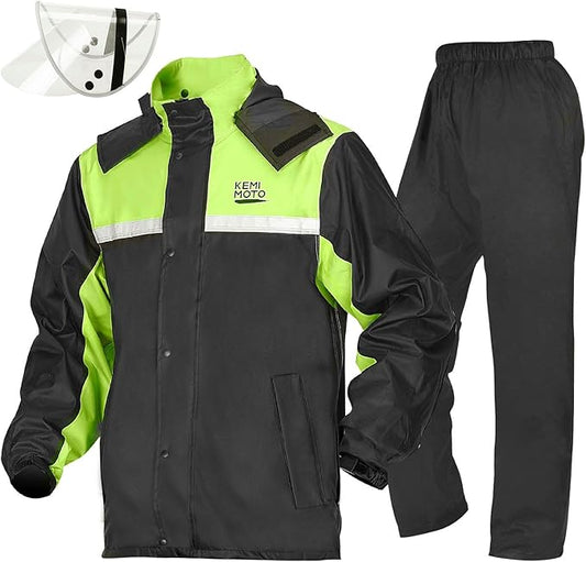 KEMIMOTO Rain Suit for Men, Motorcycle Rain Gear Waterproof Protective Rain Coat with Pants 2 Pieces Rainsuit Breathable Outdoor Fashion Green XL