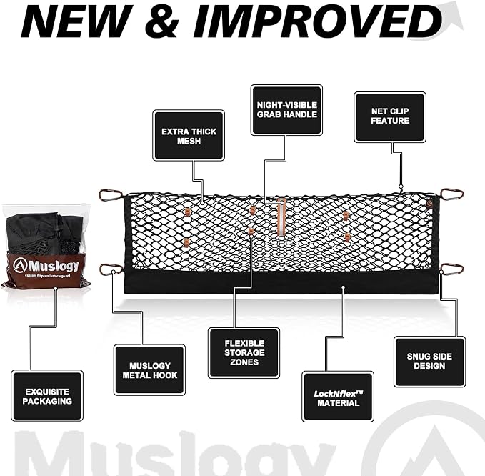 Muslogy Truck Bed Cargo Net Trunk Netting Compatible with Ford F-150 & Lightning 2015-2026 Accessories, Pickup Cargo Organizer SUV Sedan Storage Net w/Heavy Duty Carabiners