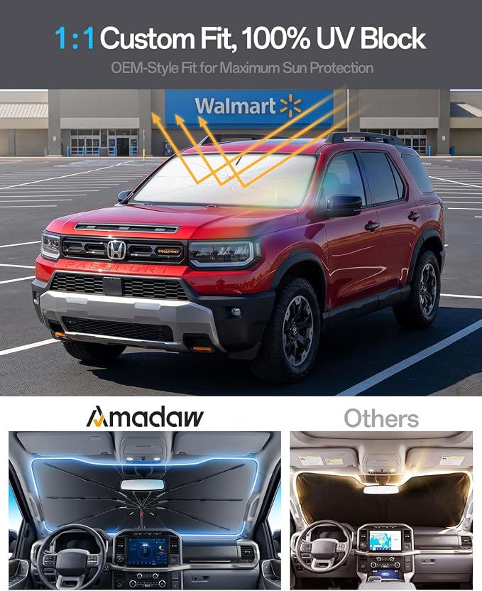 Windshield Sun Shade for Honda Passport 2000–2026, Foldable Umbrella Sunshade with 100% UV Block, Multi-Layer Heat Insulation, Reinforced 10-Rib Frame, Keeps Car Cooler, Summer Car Accessory