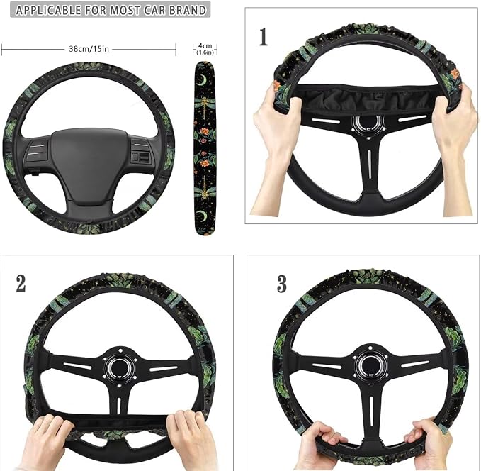 POLERO Starry Night Dragonfly Car Seat Covers for Women Aesthetic Car Interior Accessories Floral Auto Steering Wheel Cover Set 11Pcs