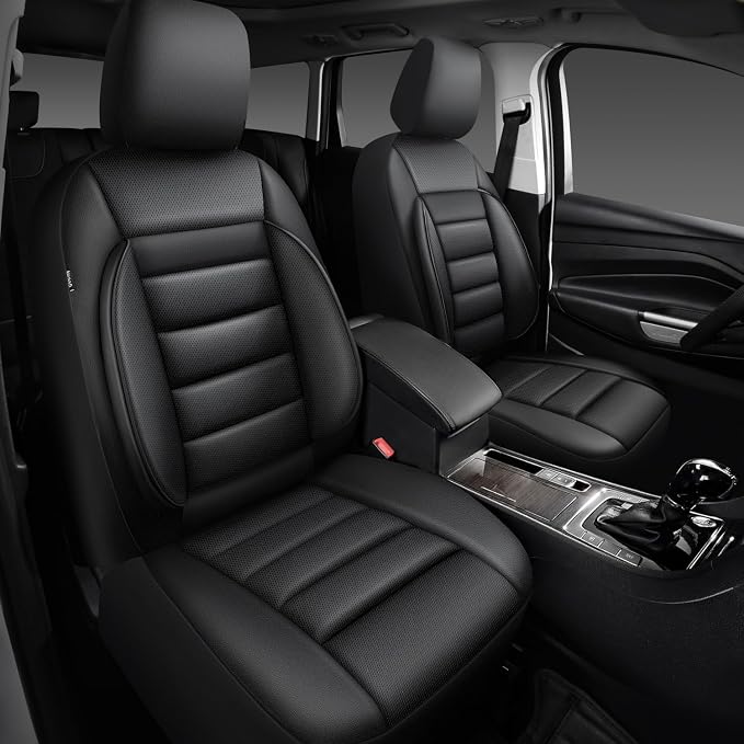 CAR PASS Faux Leather Car Seat Covers Front Seats Only, 3D Foam Support Car Seat Covers, Universal fit for Trucks Vans SUVs Sedans Automotive Comfortable, Airbag Compatible 2 Pieces Front Solid Black