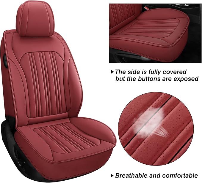 Car Seat Cover, Seat Covers for Cars, Luxury Faux Leather Waterproof Seat Covers, Car Seat Protector Accessories Universal Fit Most Vehicles WineRed Full Set
