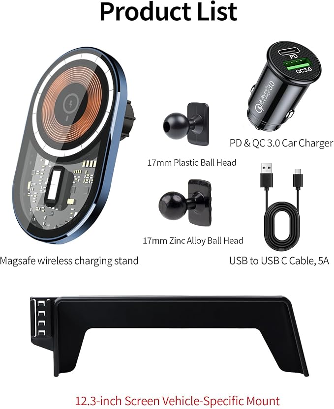 Wireless Charging Car Phone Holder for Toyota Prius 2023-2026, 12.3" Screen Fixed Clip, 360° Rotation Car Phone Mount Compatible with MagSafe
