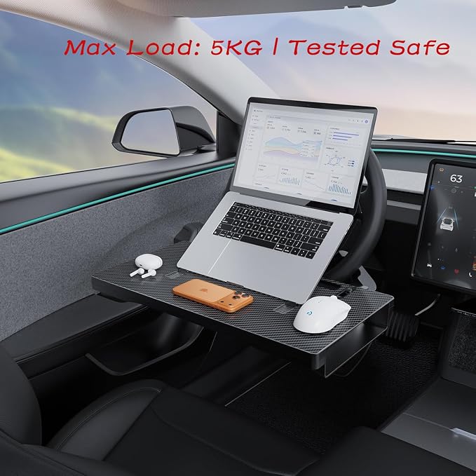 2-in-1 Car Steering Wheel Desk Tray & Slim Seat Gap Filler Organizer, Foldable Car Table for Eating Working, Carbon Fiber Car Laptop Tray & Seat Organizer for Car SUV Truck