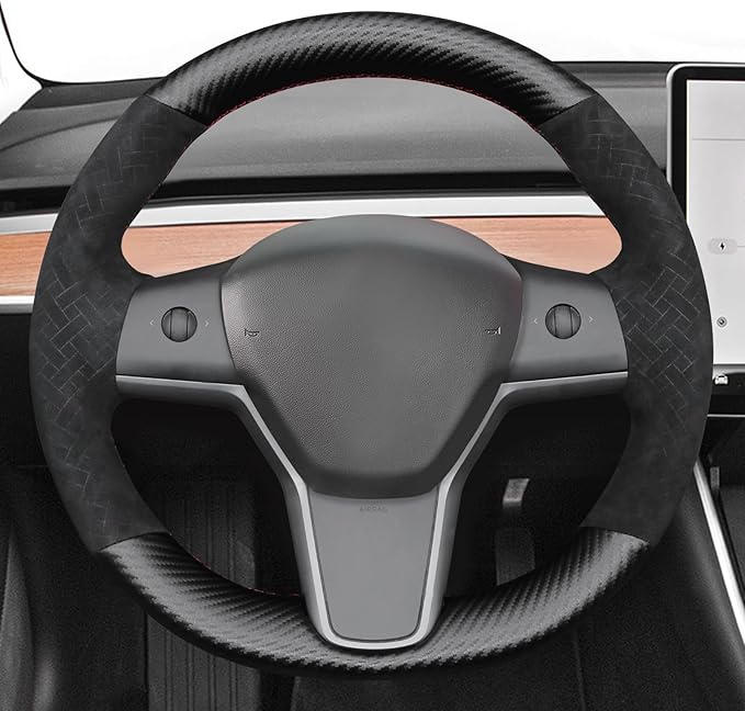 MEWANT Hand Stitch Matte PU Carbon Fiber Embossed Suede Steering Wheel Cover for Tesla Model Y 2023 Model 3 2017-2023