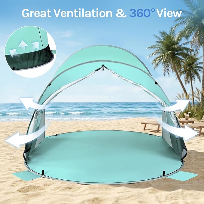 Wolfwise Pop up Beach Tent Sun Shelter with UPF50+ UV Protection, Instant Easy Setup Popup Beach Shade Canopy for 3 Person, Portable & Foldable with Carring Bag, 87 ×57×47 in, Mint Green