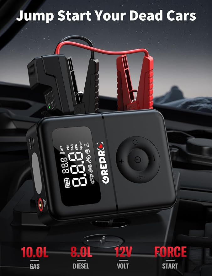 GREPRO Jump Starter with Air Compressor, 5000A Battery Jumper Starter Portable(10.0L Gas/8.0L Diesel),150PSI Tire Inflator 12V Car Battery Booster with Jumper Cables, Digital Display, LED Flashlight