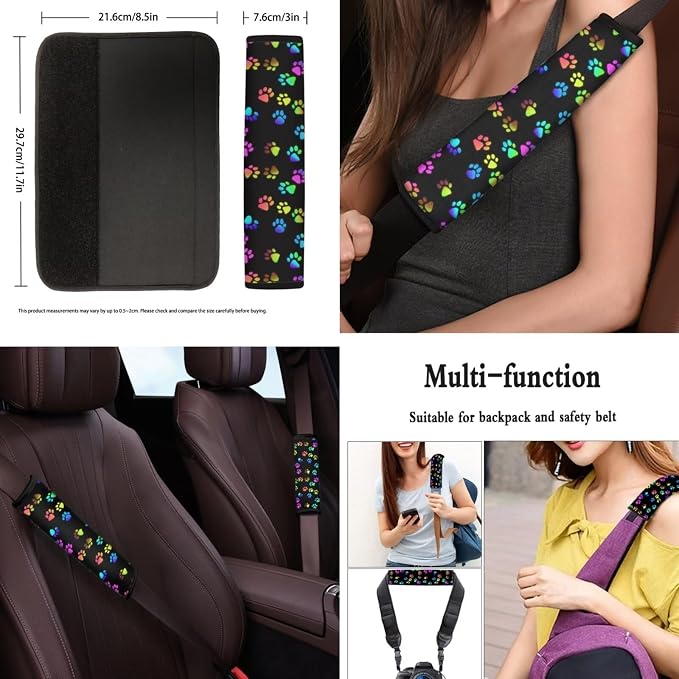 POLERO Colorful Dog Paws Car Seat Cover Sets 11pcs Cute Steering Wheel Cover Auto Seat Belt Shoulder Pads Cupholder Coasters Cute Keychains Full Set