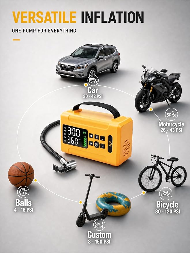 Tire Inflator Portable Air Compressor 160 PSI Air Pump for Car Tires 6000 mAh & 12V DC Powered Fast 24L/min, Digital Tire Pressure Gauge, LED Lights, 5 Modes Auto Shut-off (Yellow, 6000 mAh)