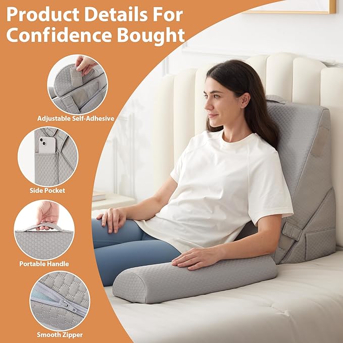 BIEEZZK 4PCS Wedge Pillow Set for After Surgery, Back Pillow for Bed Sitting up, 9&12inch Adjustable Memory Foam Bed Wedges, Pillow Wedge for Acid Reflux, Back Pain Relief, Snoring, Grey