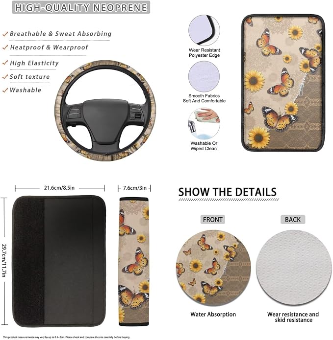 Lotusorchid Butterfly Print Car Seat Covers Full Set, Sunflower Printed Car Front Back Seat Covers Headrest Cover, Comfy Gear Shift Knob Protector Steering Wheel Cover Set of 16